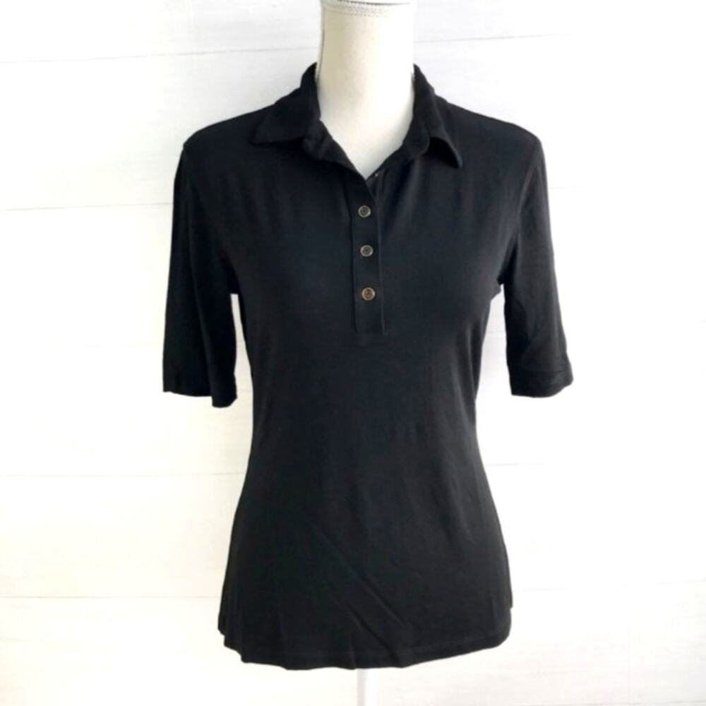 Lizzie Driver Polo Golf Shirt Sz M Black‎ Short Sleeves Button Luxury Top Sporty